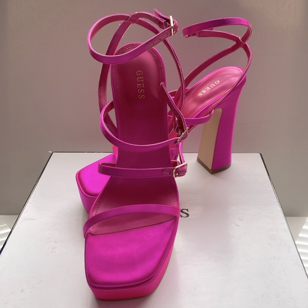Gorgeous, Guess bright pink satin platform  heels.